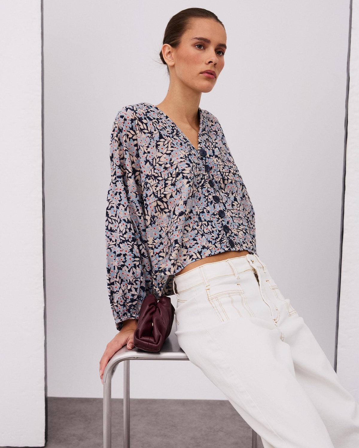 Blue Floral Print Pleated Blouse