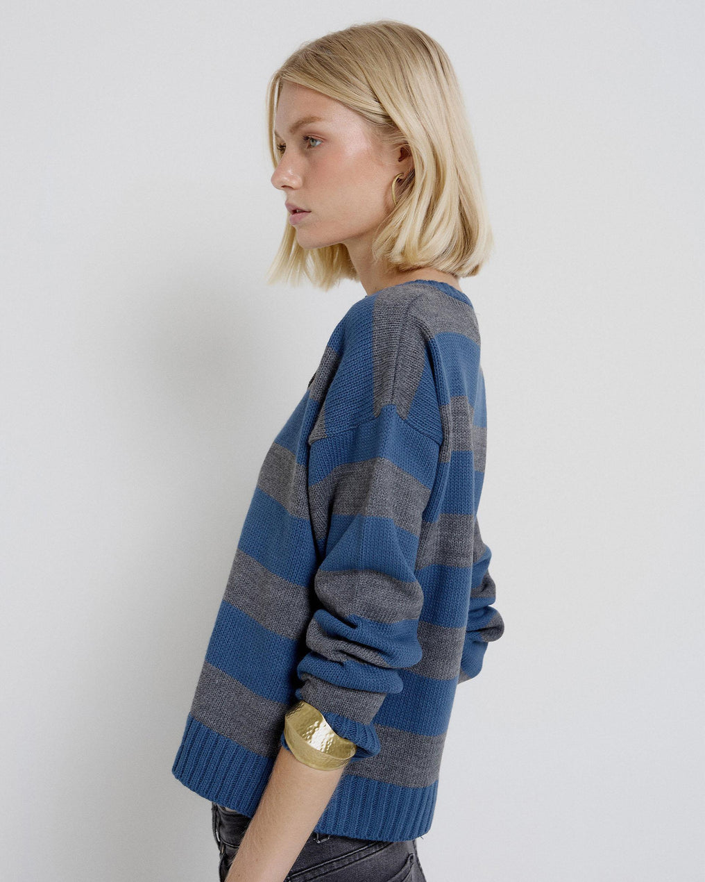 Gray Horizontal Stripes Round Neck Jacket