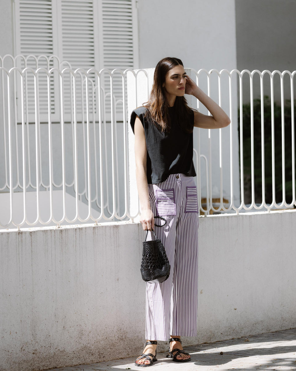 Jeans Riscas Bolsos Contraste Roxo