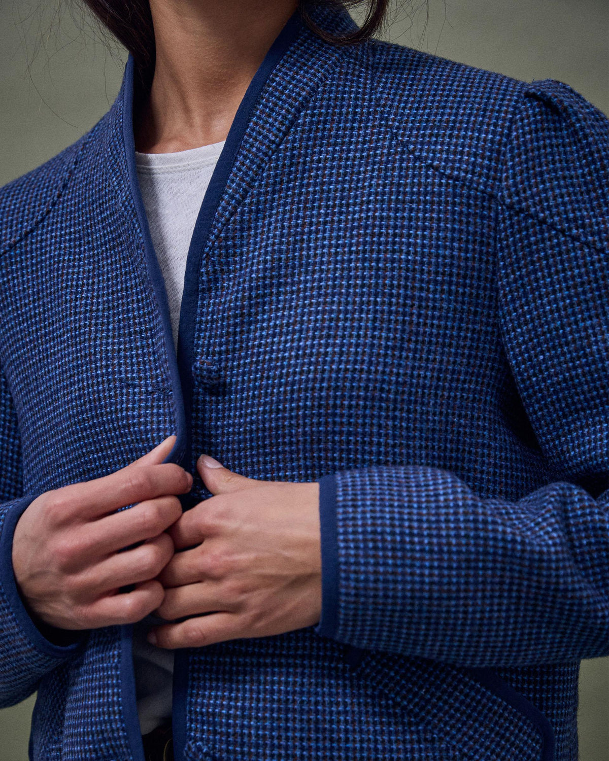 Chaqueta Ribete Contraste Mezcla Lana Azul