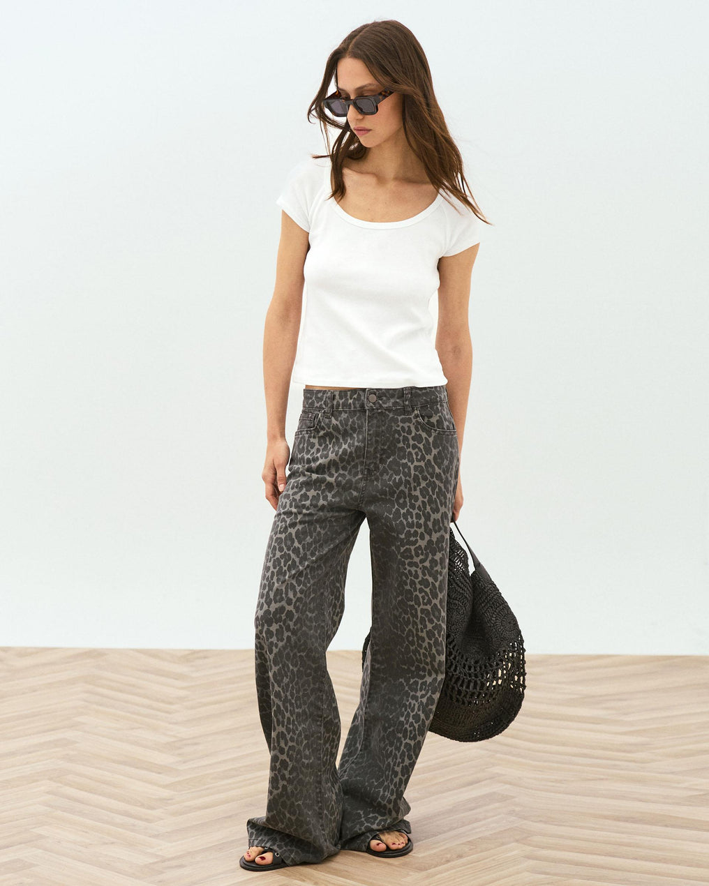 Jeans Wide Leg Animal Print Cinzento
