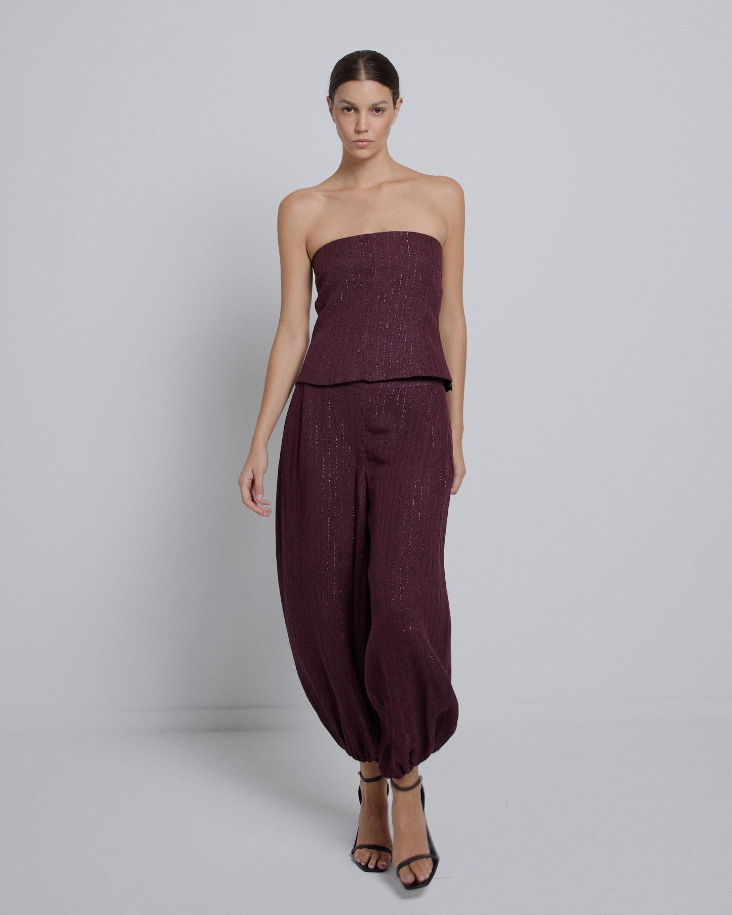 Top Sin Tirantes Tejido Rayas Lurex Burdeos