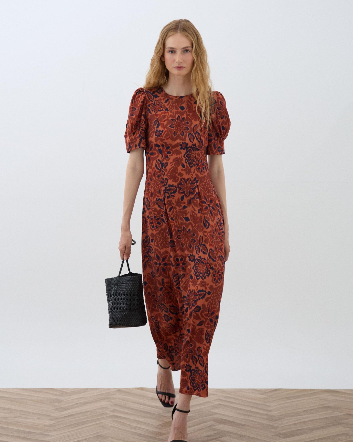Vestido Manga Abullonada Estampado Floral Naranja