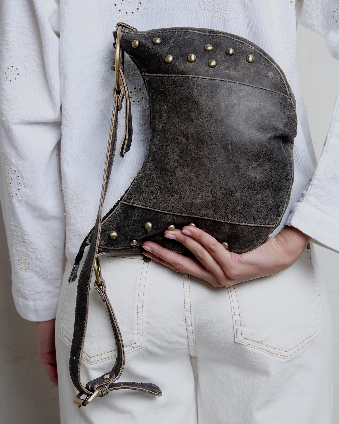 Bolso Piel Envejecida Tachuelas Marrón