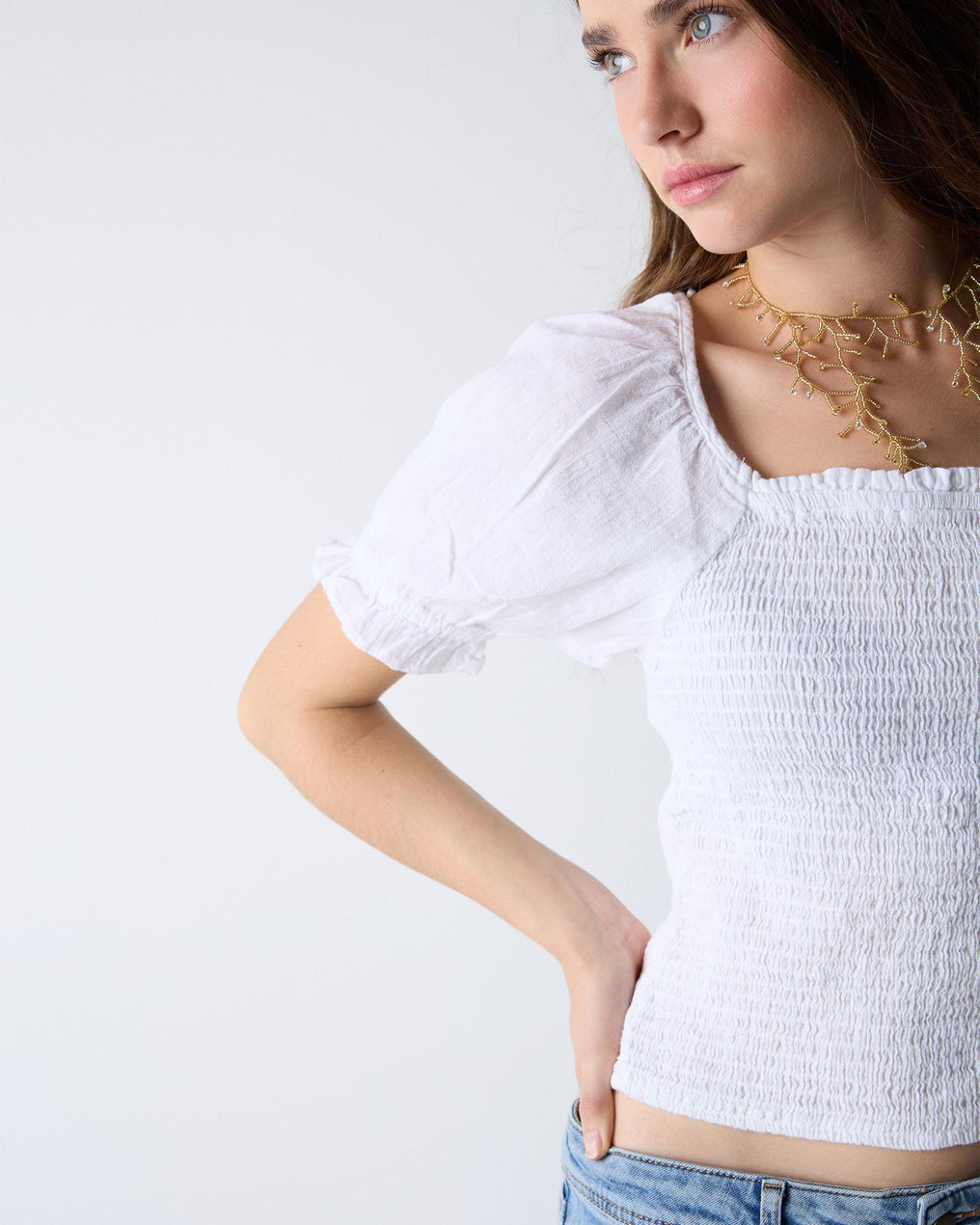 Honeycomb Blouse with White Back Neckline