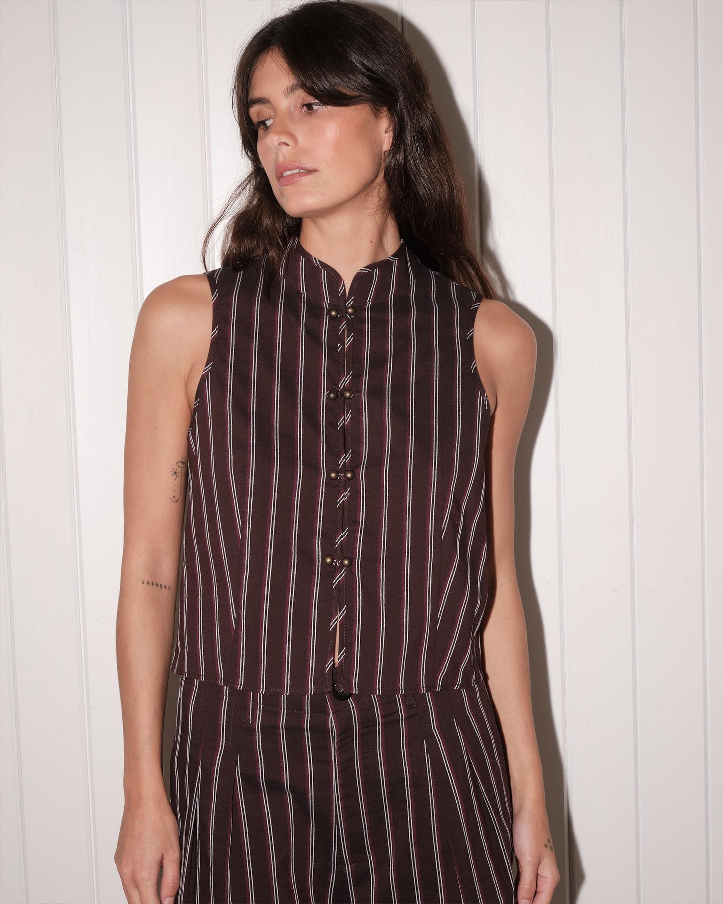 Brown Striped Mao Collar Top