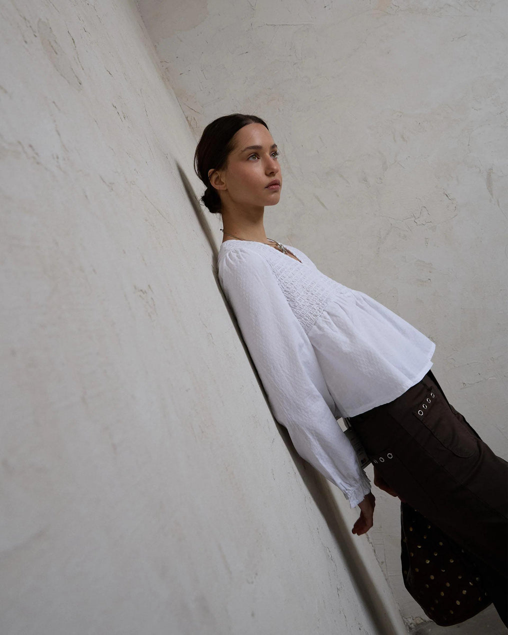 Blusa Escote Nido De Abeja Blanca