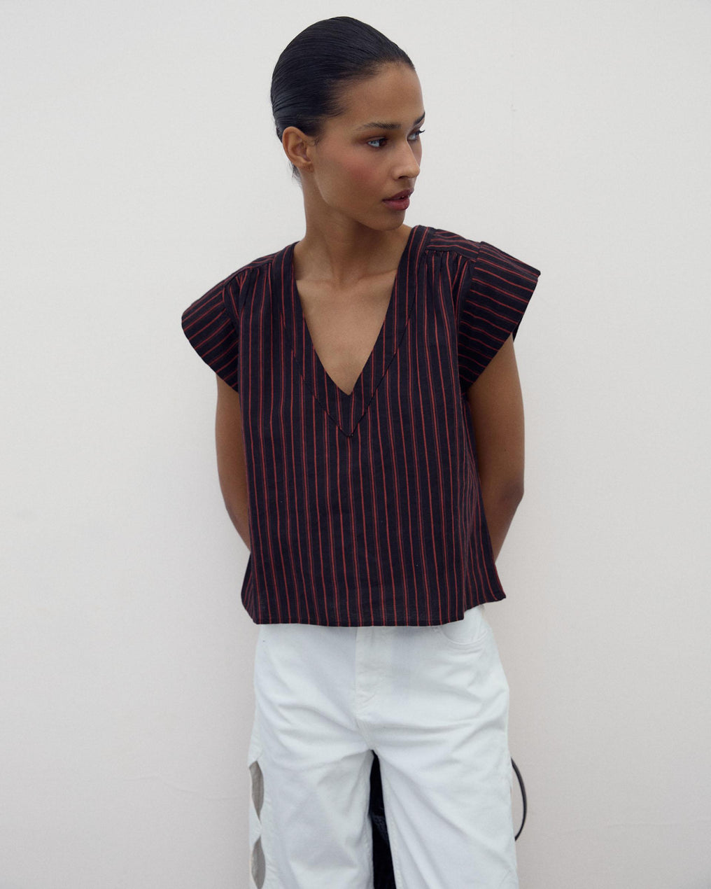 Blusa Manga Curta Estampado Riscas Grená