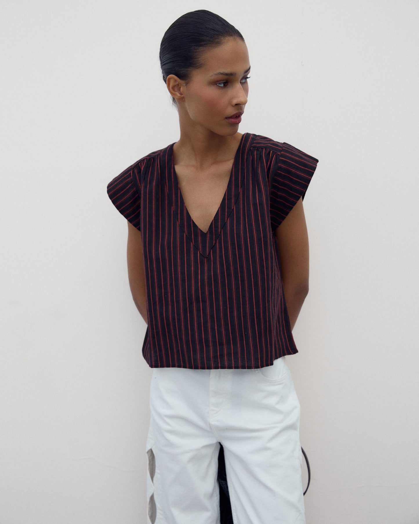 Blusa Manga Curta Estampado Riscas Grená