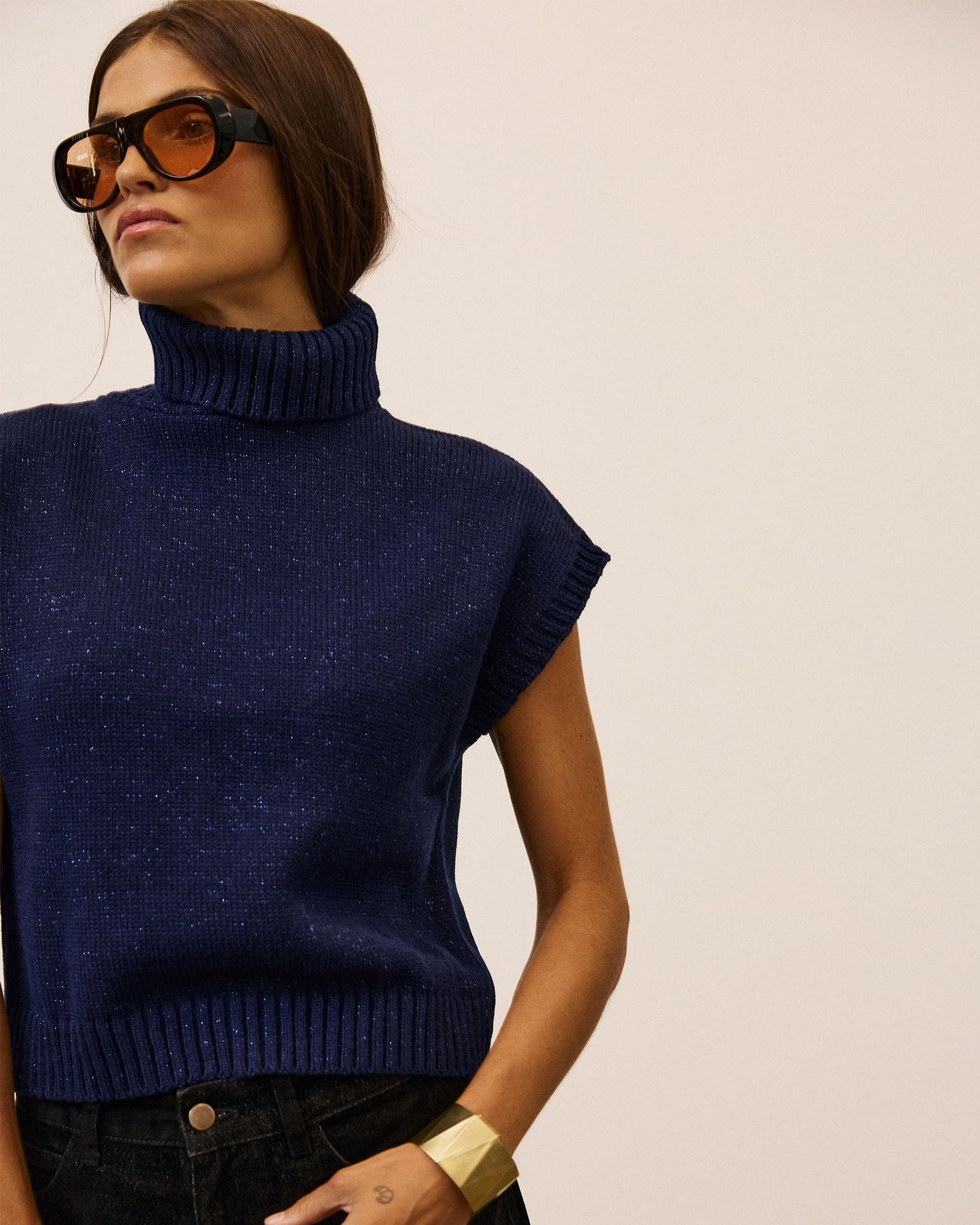 Chaleco Cuello Vuelto Lurex Azul Marino