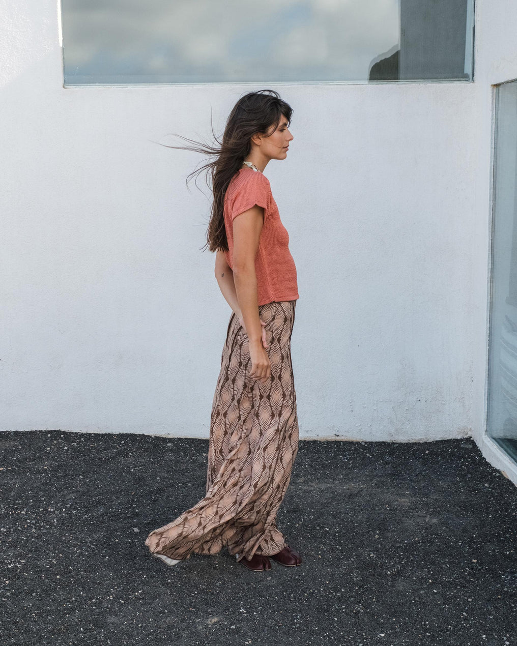 Long Skirt with Brown Leaf Print