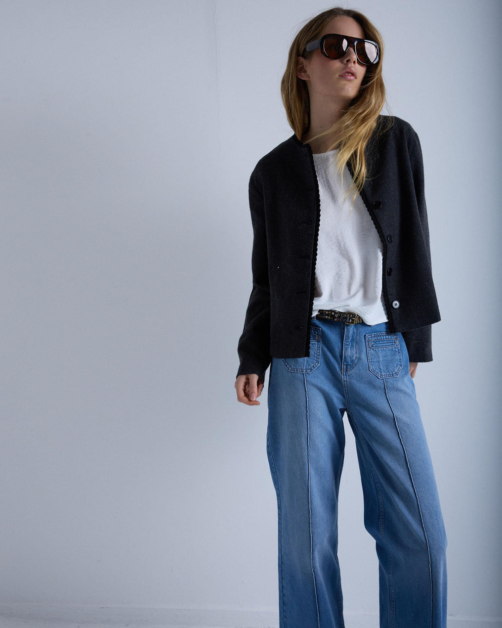 Jeans with Pockets, Wide Leg, Blue Stitching