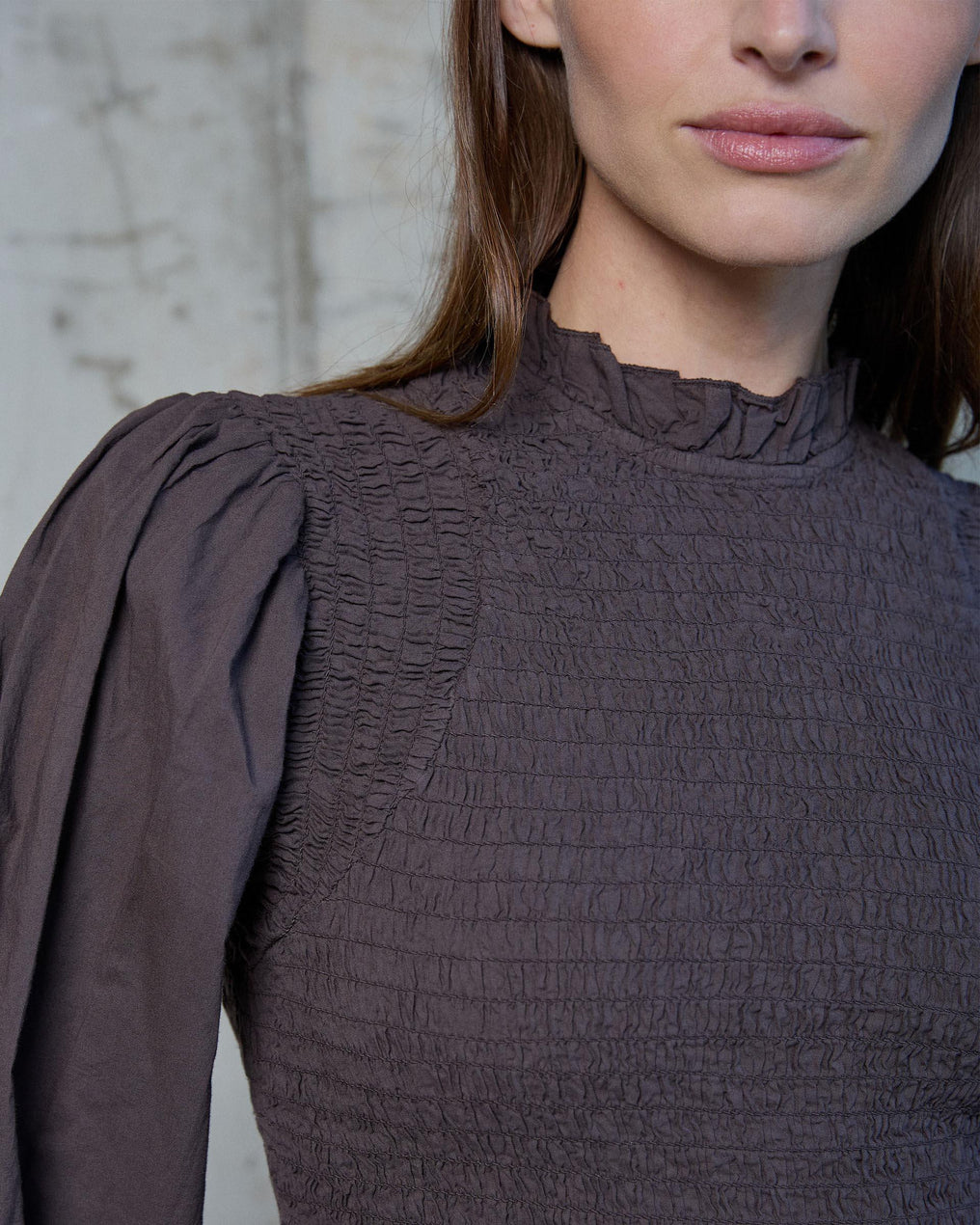 Brown Honeycomb Blouse with Puff Sleeves