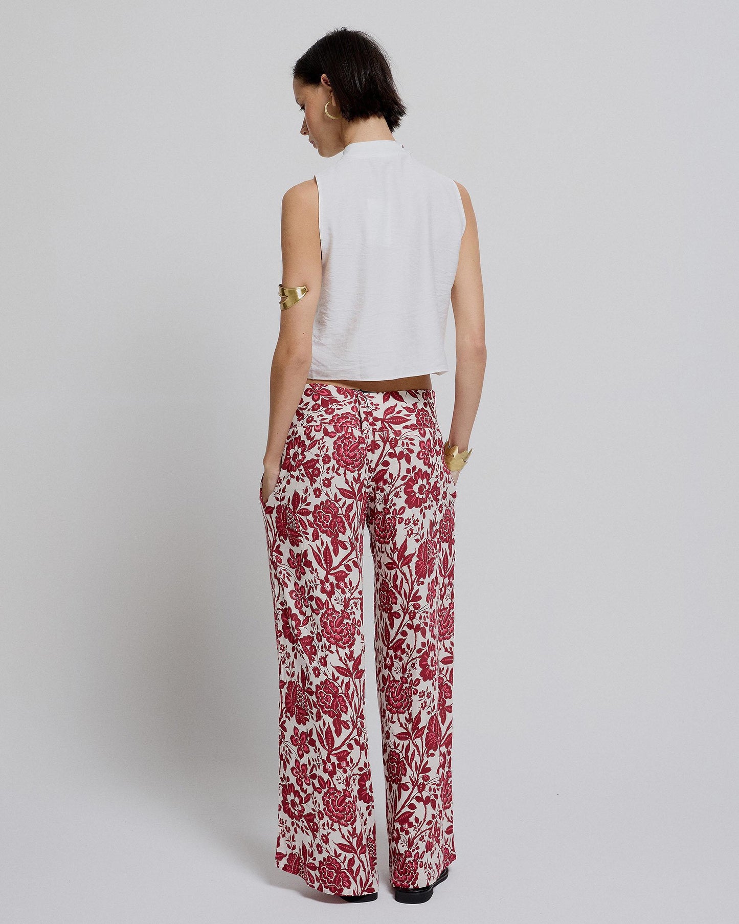 Pink Floral Pants with Crossed Waistband