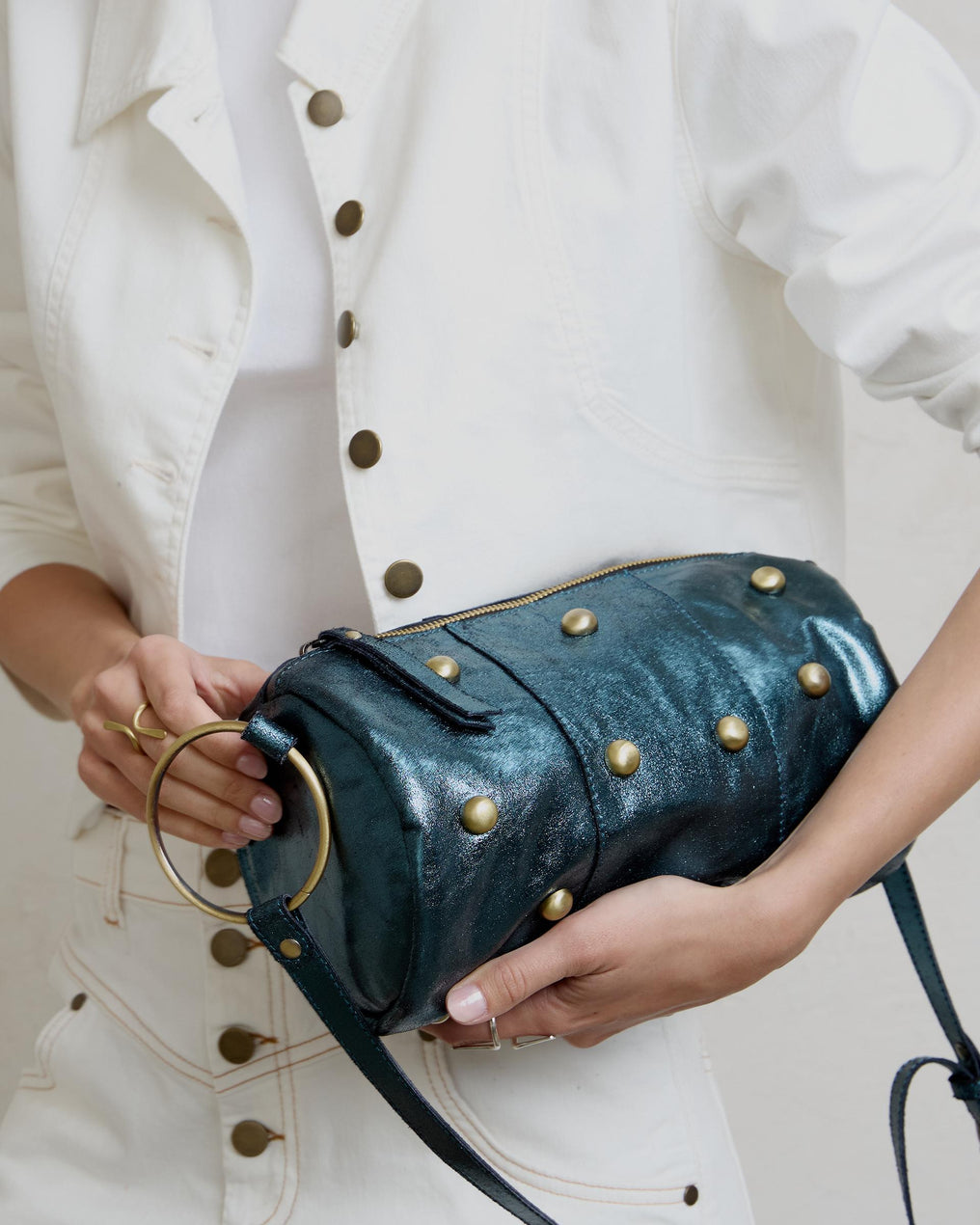 Mini Studded Leather Bag in Petrol Gloss