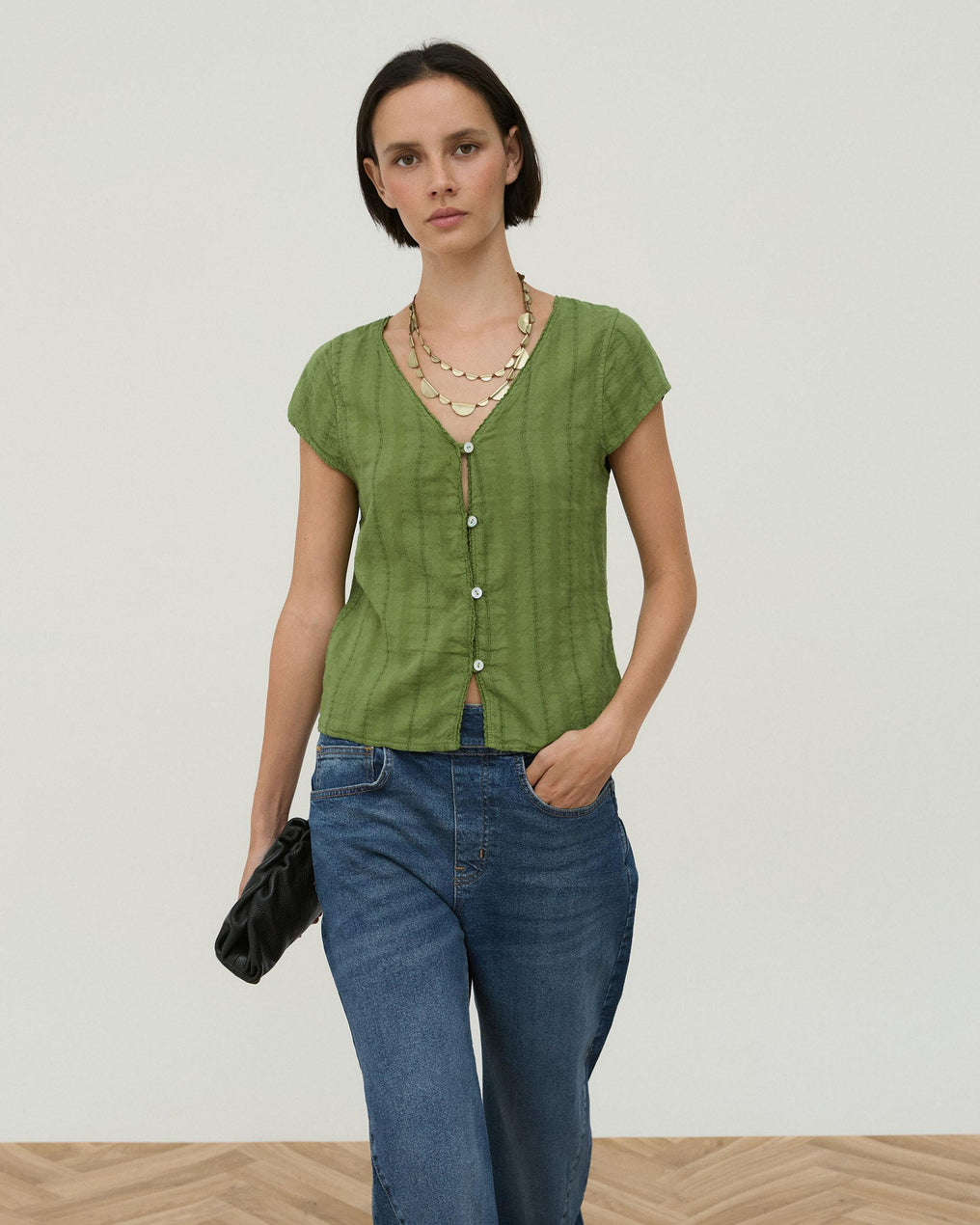 Blusa Tejido Rustico Bordados Florales Verde