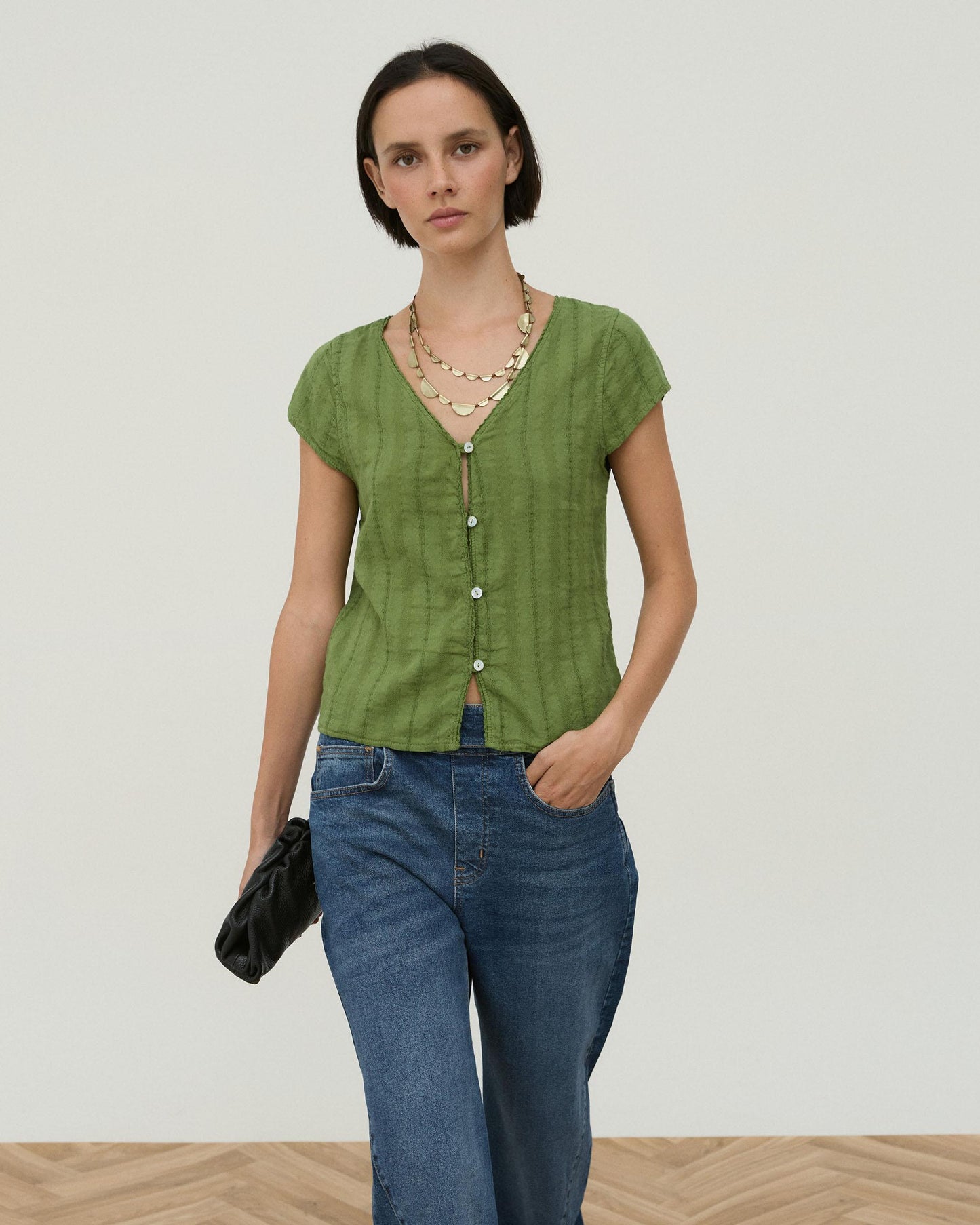 Blusa Tejido Rustico Bordados Florales Verde