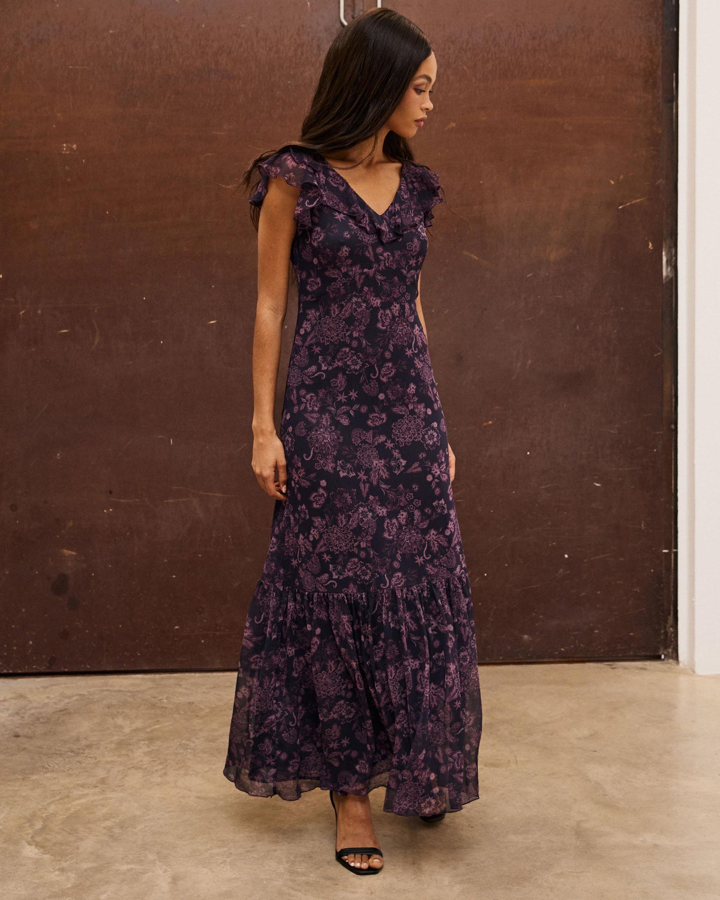 Vestido Estampado Floral Volantes Morado