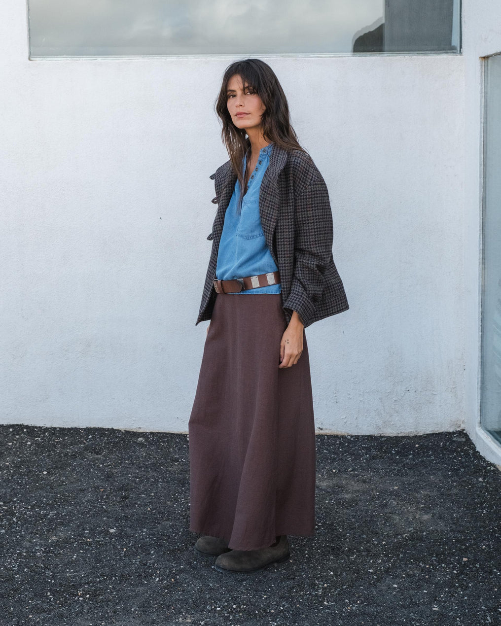 Casaco xadrez trespassado de lã cáqui