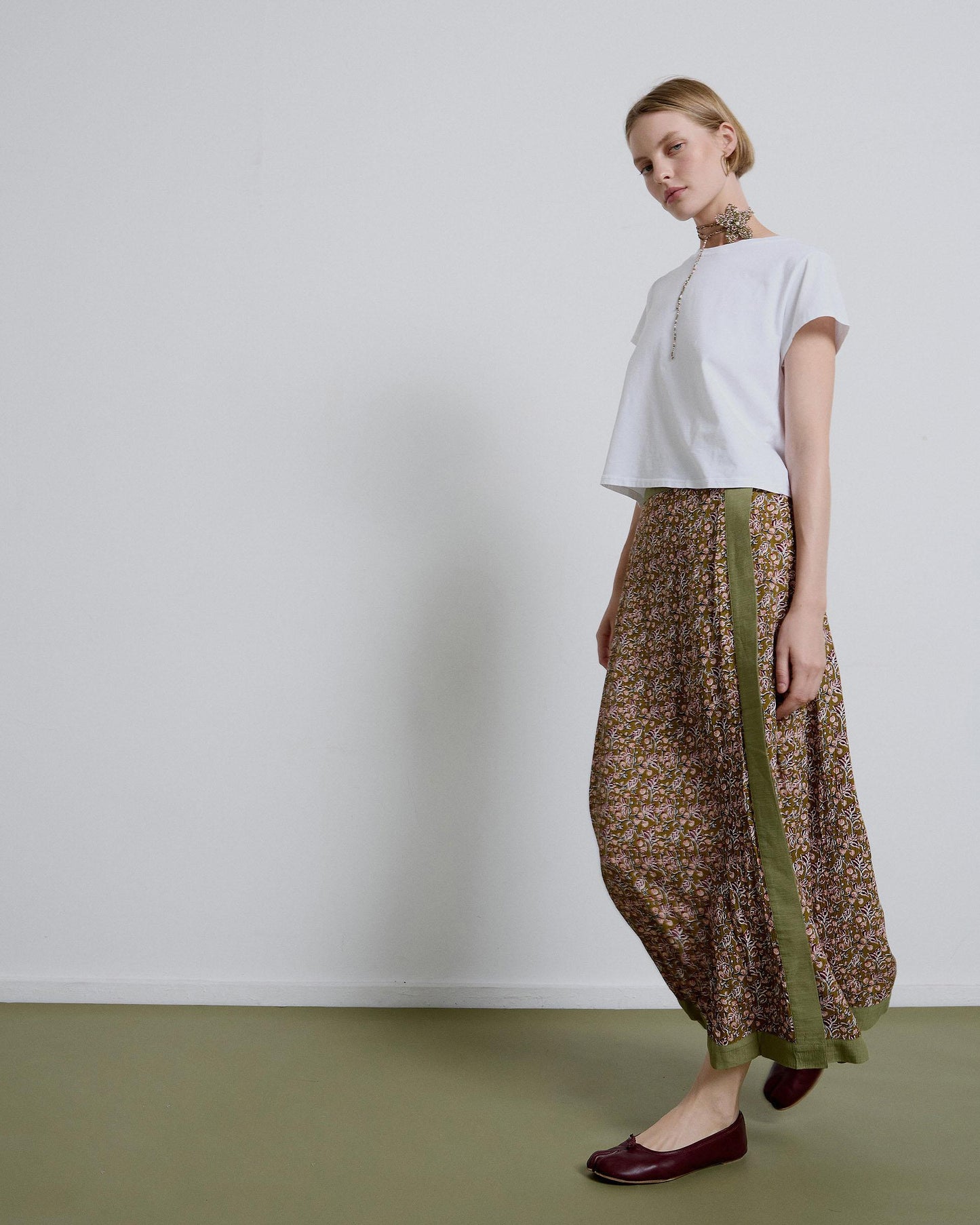 Green Side Ruffle Printed Skirt