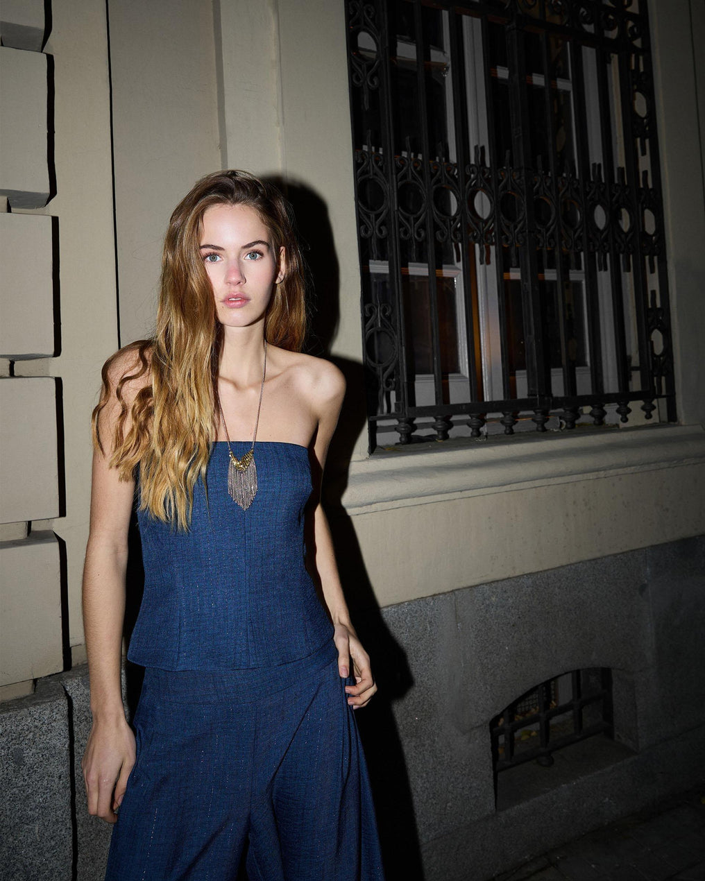 Top Sin Tirantes Tejido Rayas Lurex Azul Oscuro