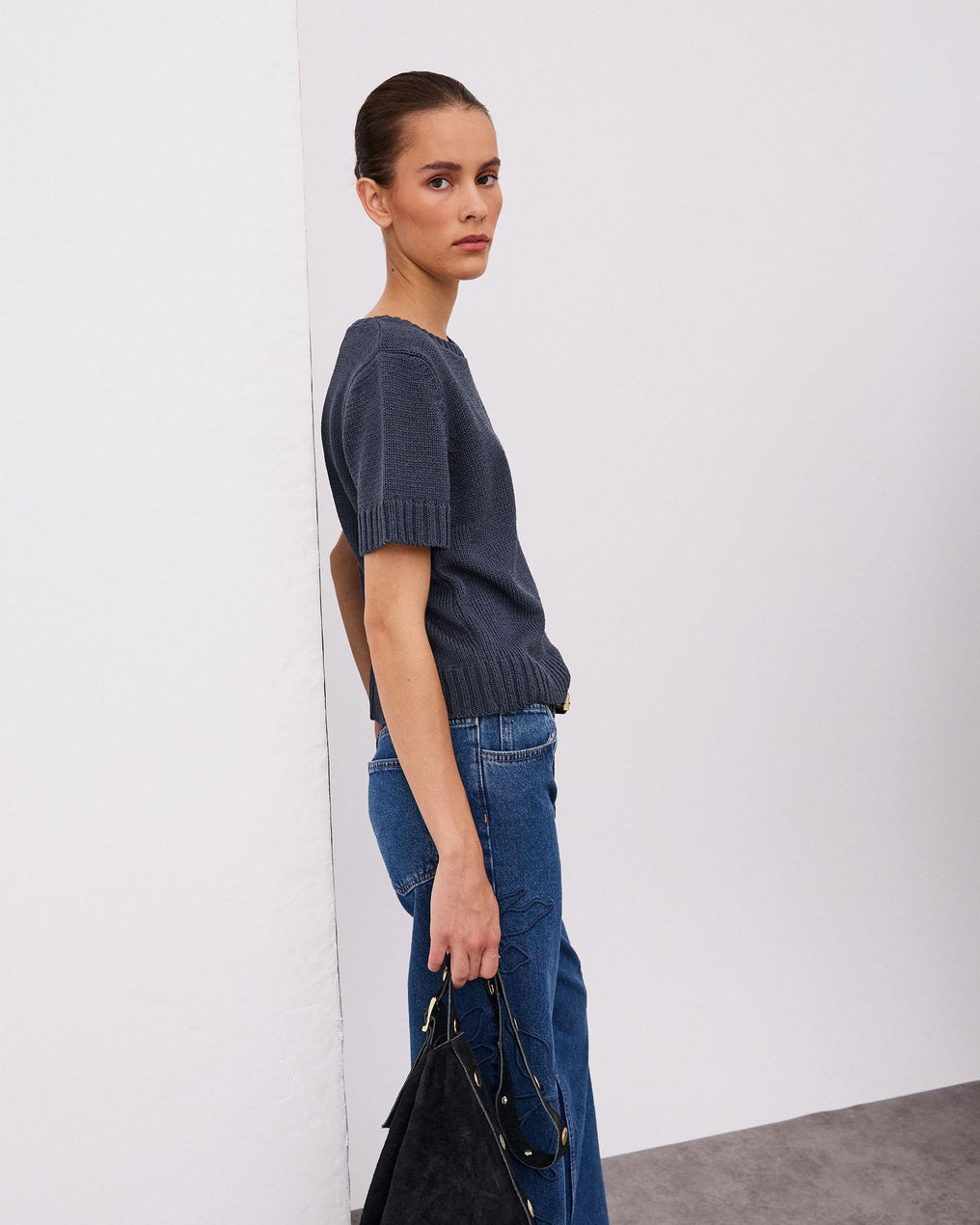 Top Basique Bleu Marine en Maille à Manches Courtes