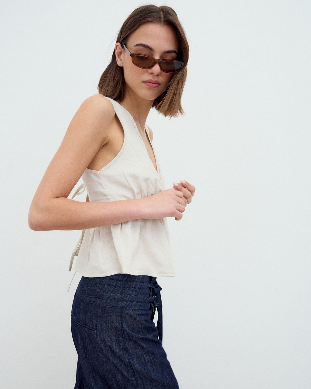Gathered Lace Top Beige