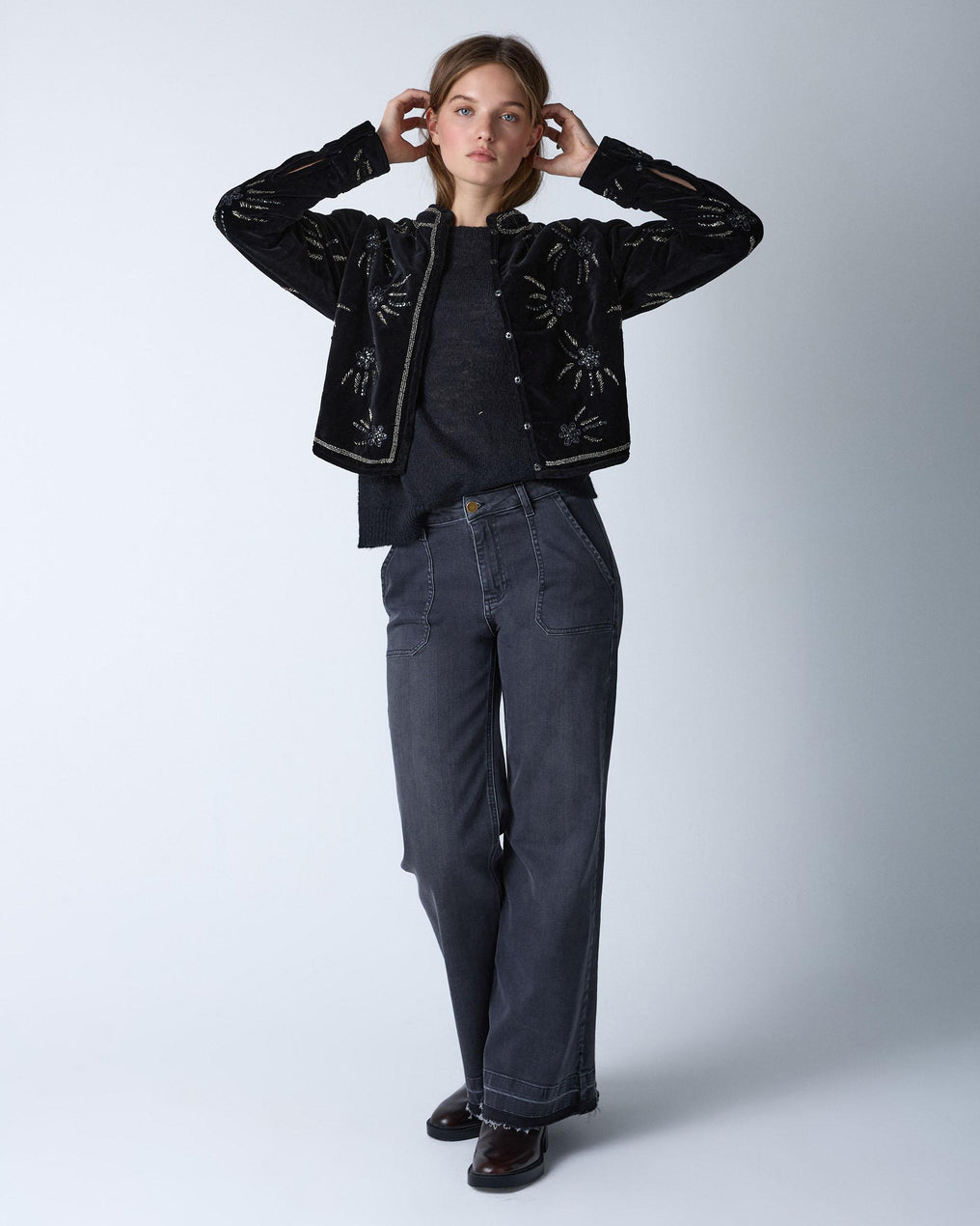 Black Beaded Velvet Bomber