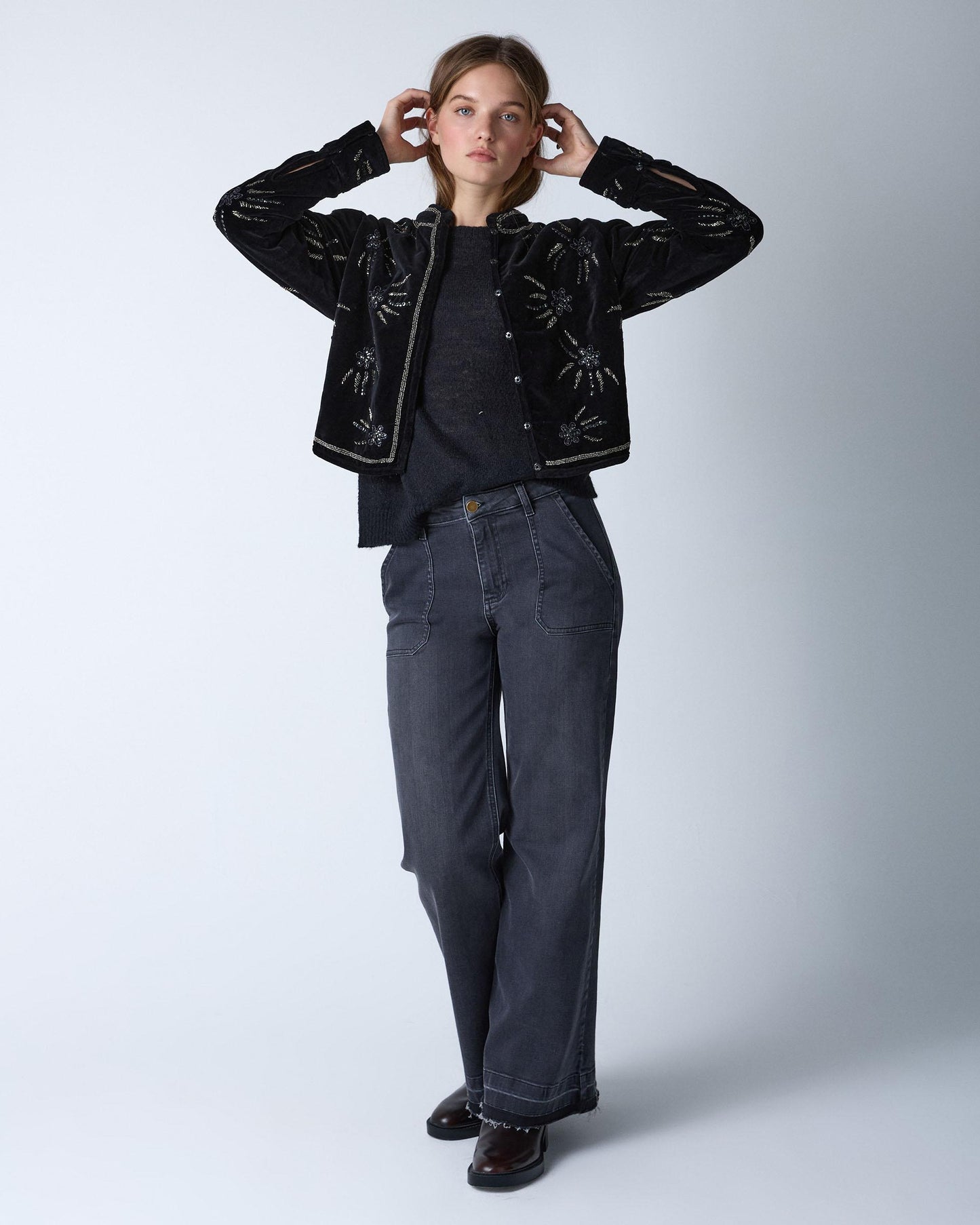 Black Beaded Velvet Bomber