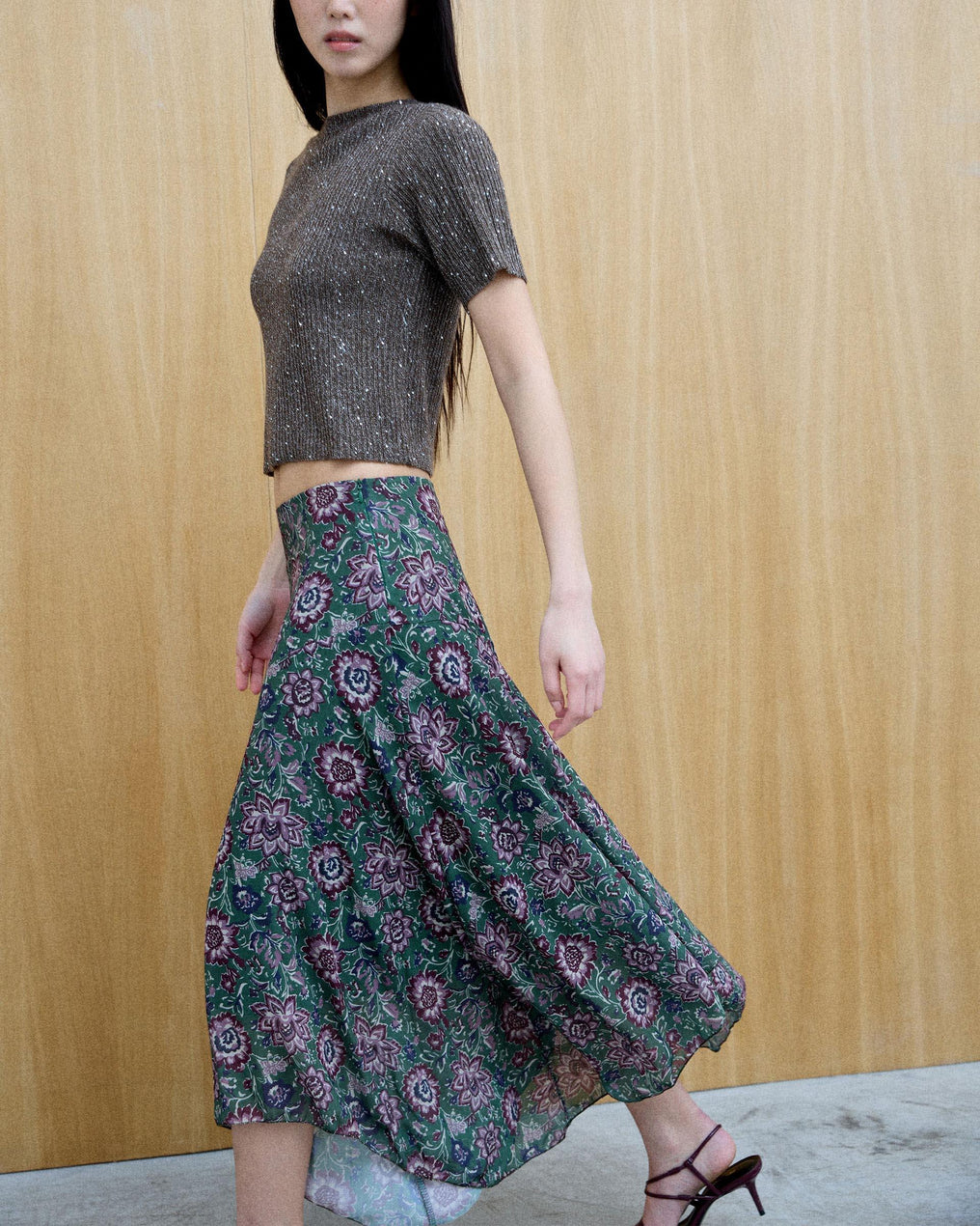 Brown Sequin Short Sleeve Top