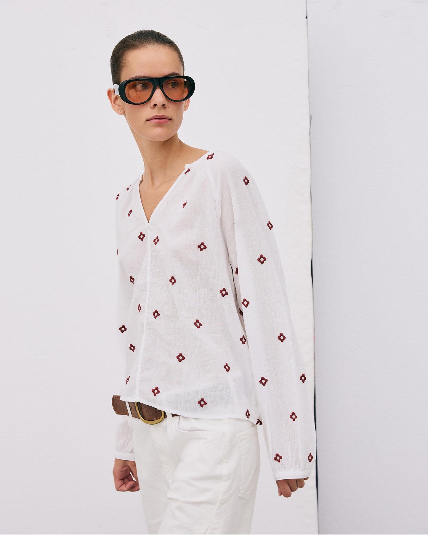 White Floral Embroidered Blouse