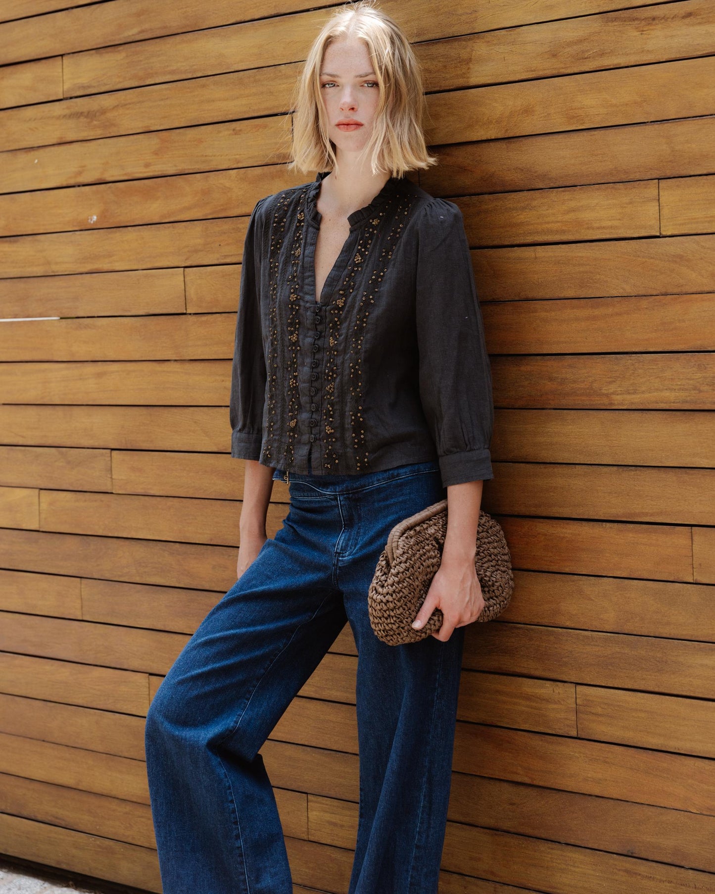 Blusa Manga Francesa Lentejuelas Antracita
