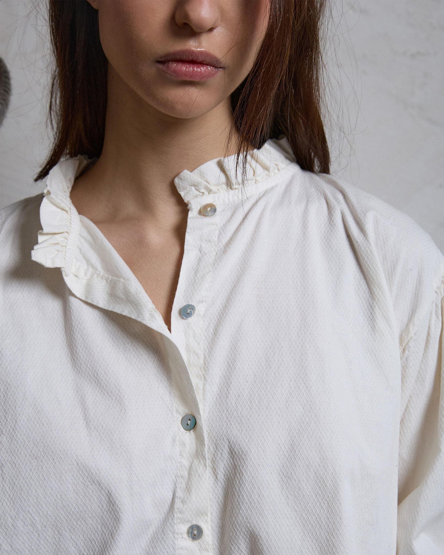 Blouse with Ruffle Detail and Raw Collar