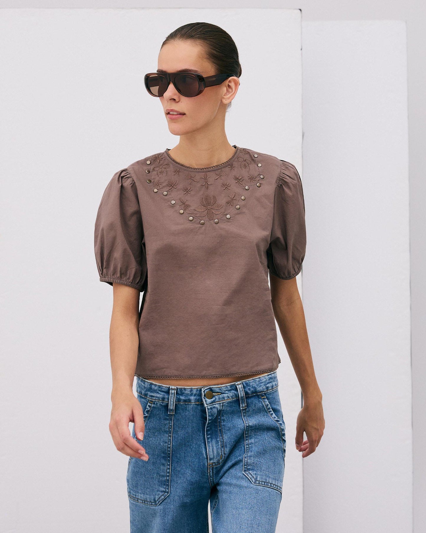 Embroidered Studded Brown Blouse