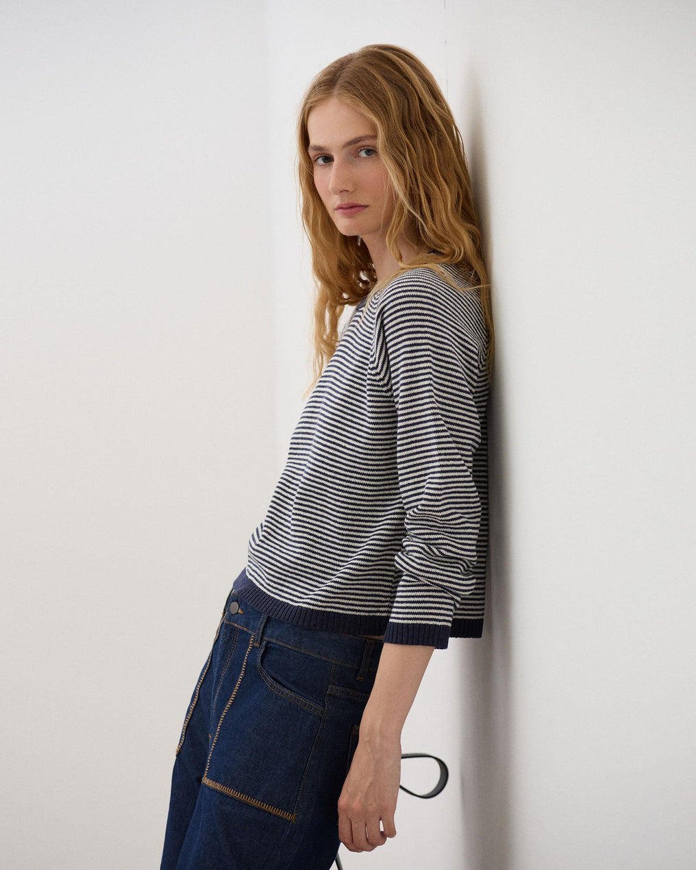 Camisola de Gola Redonda com Riscas Azul Marinho