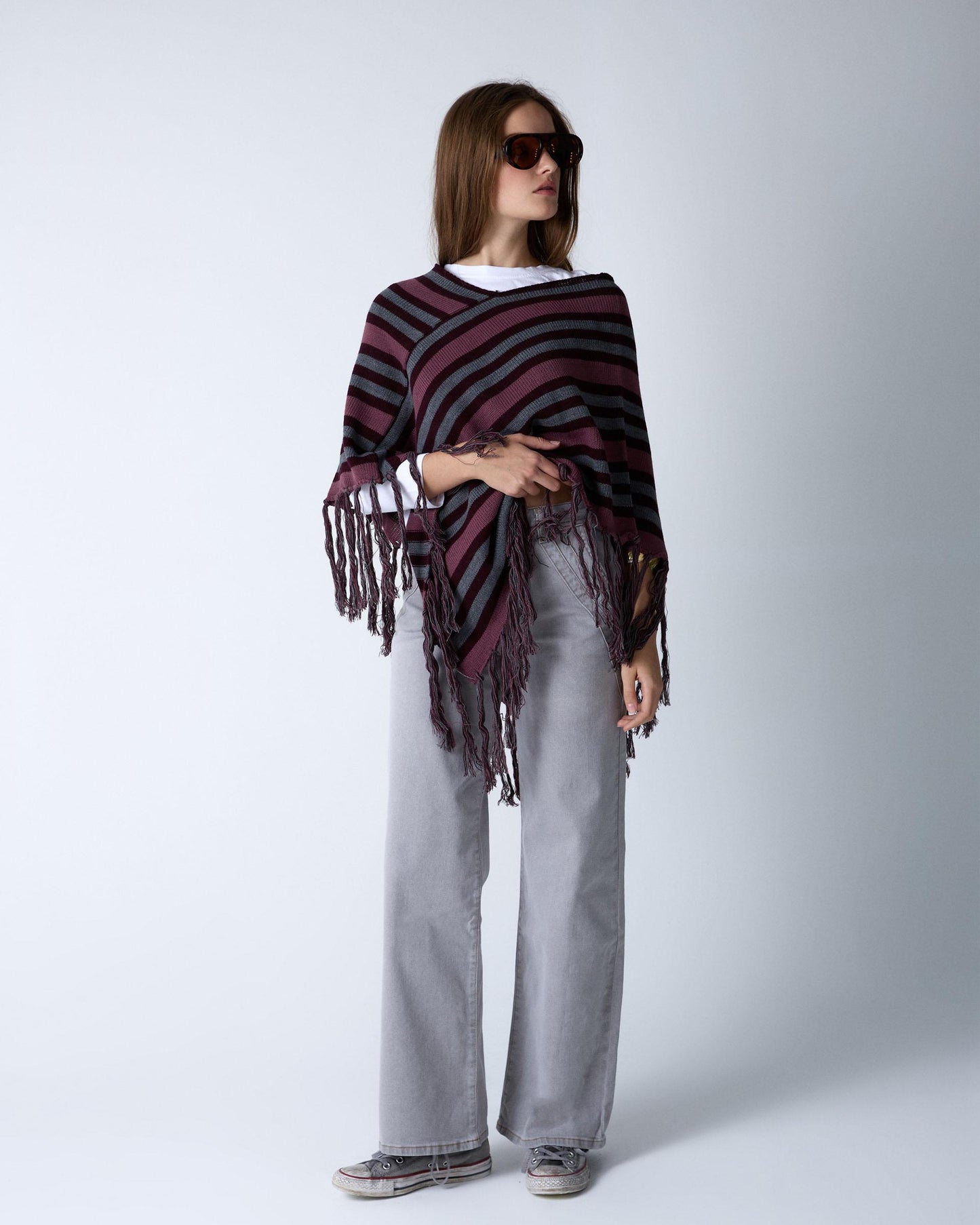 Poncho Rayas Flecos Morado