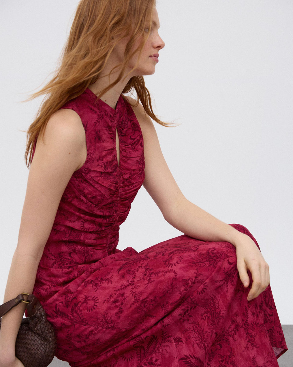 Vestido Fruncido Delantero Estampado Fucsia