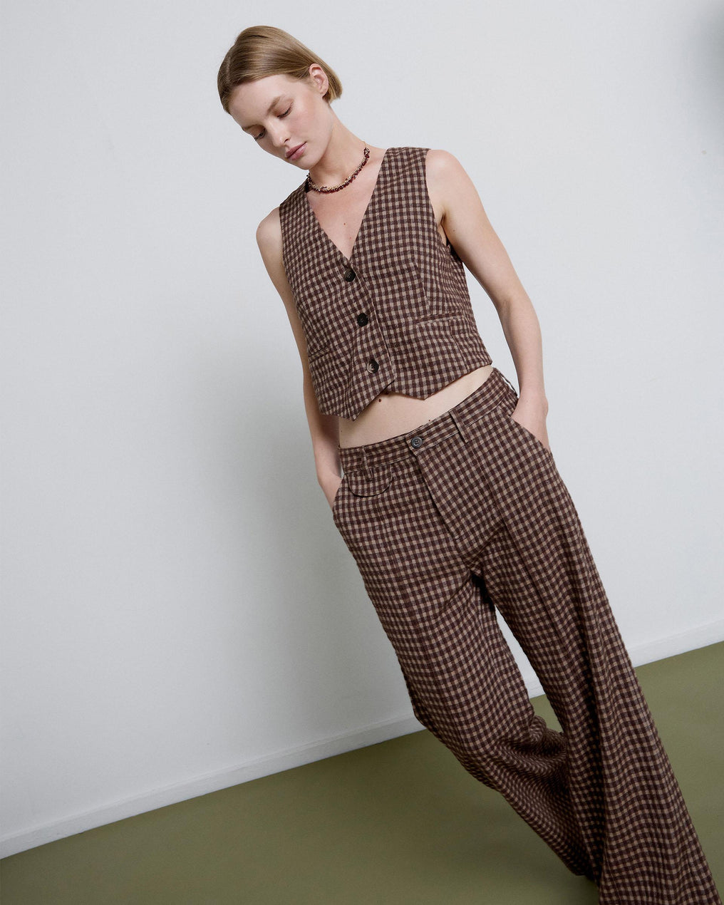 Brown Plaid Lapel Trousers