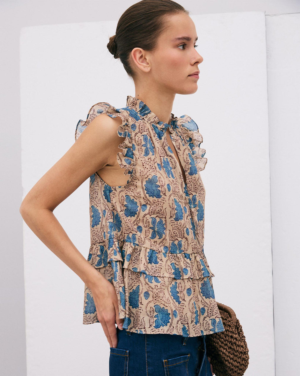 Blouse Ruffles Floral Print Beige