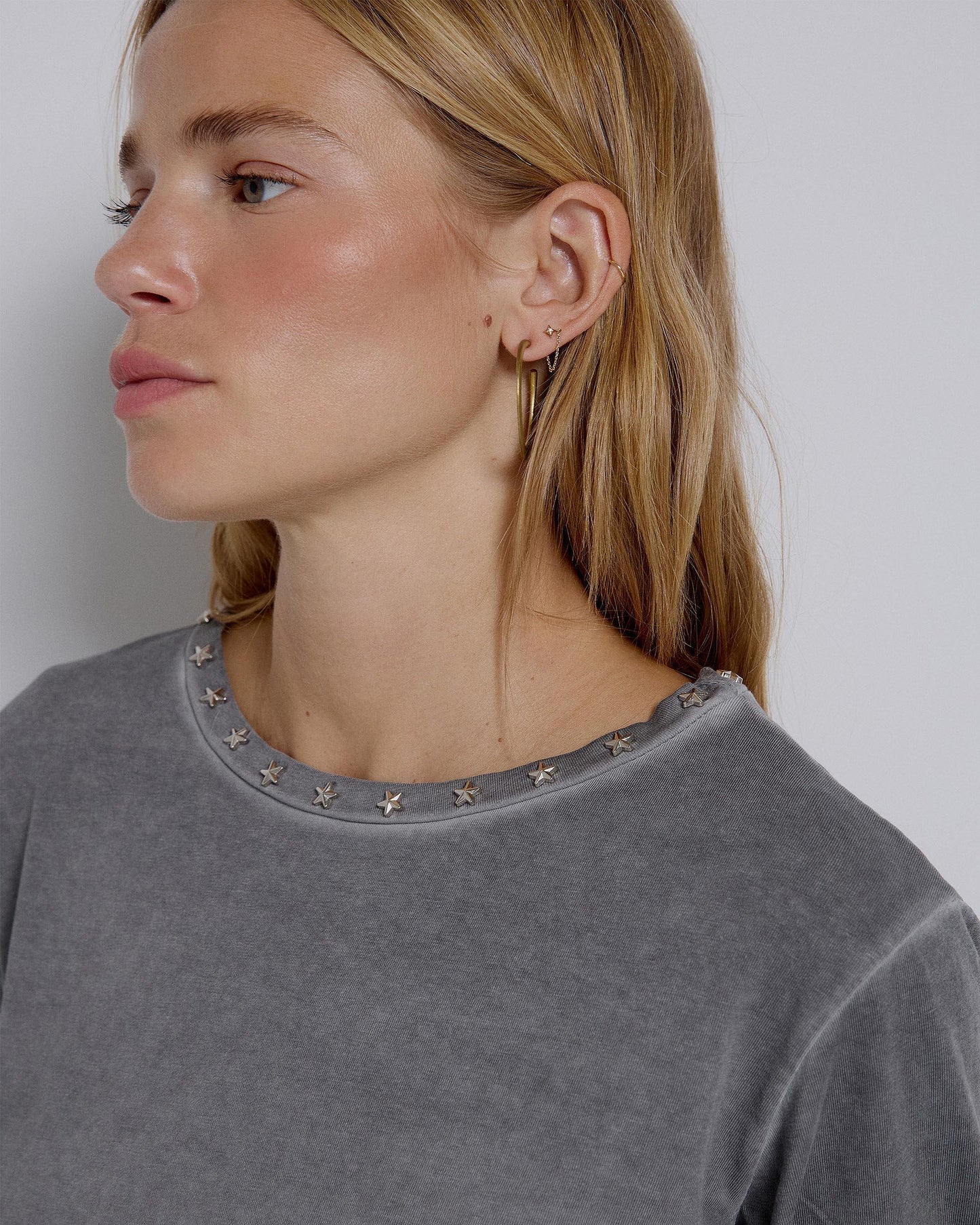 Long Sleeve T-Shirt with Studs and Stars and Anthracite Neck