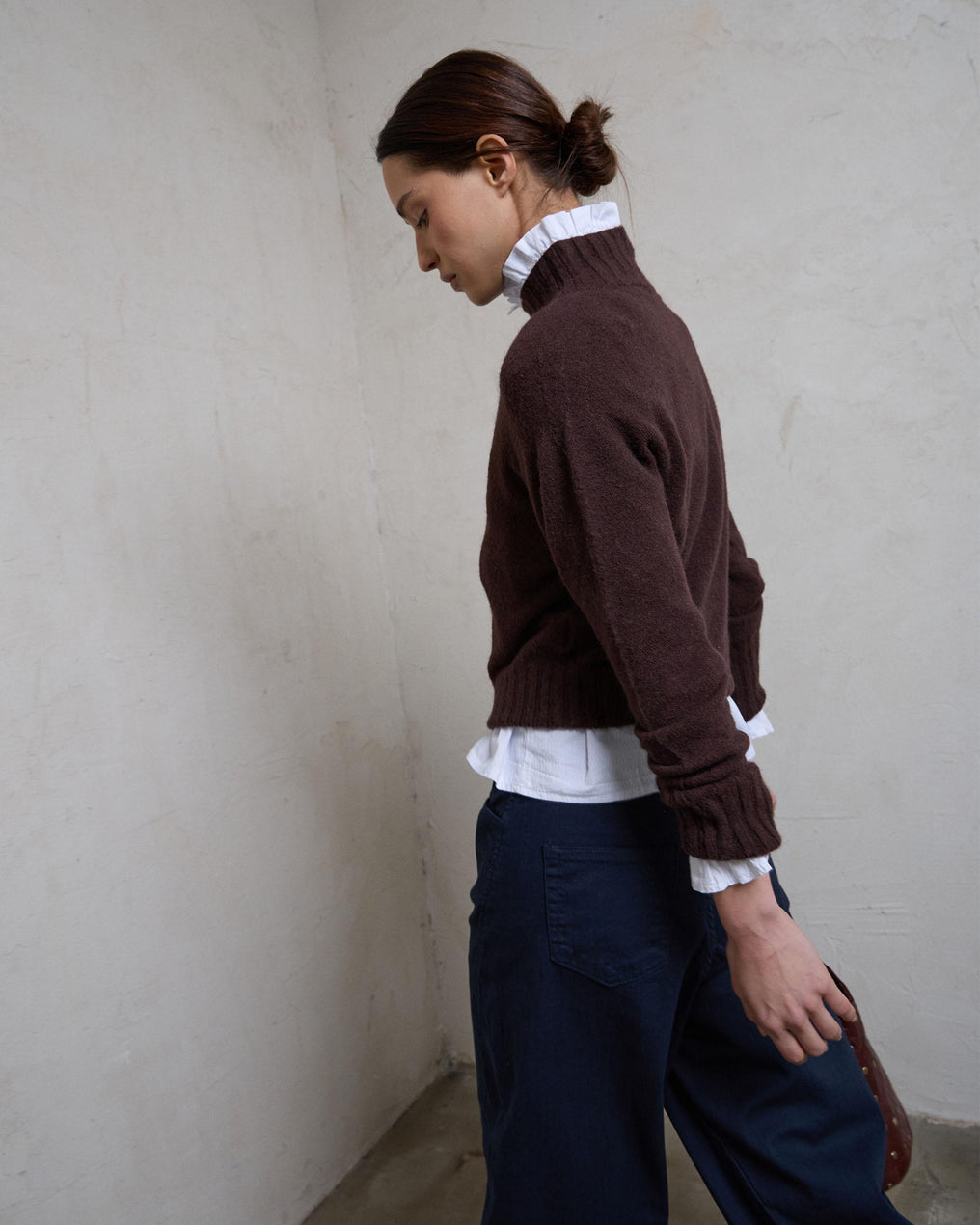 Jersey Cuello Alto Rib Marrón