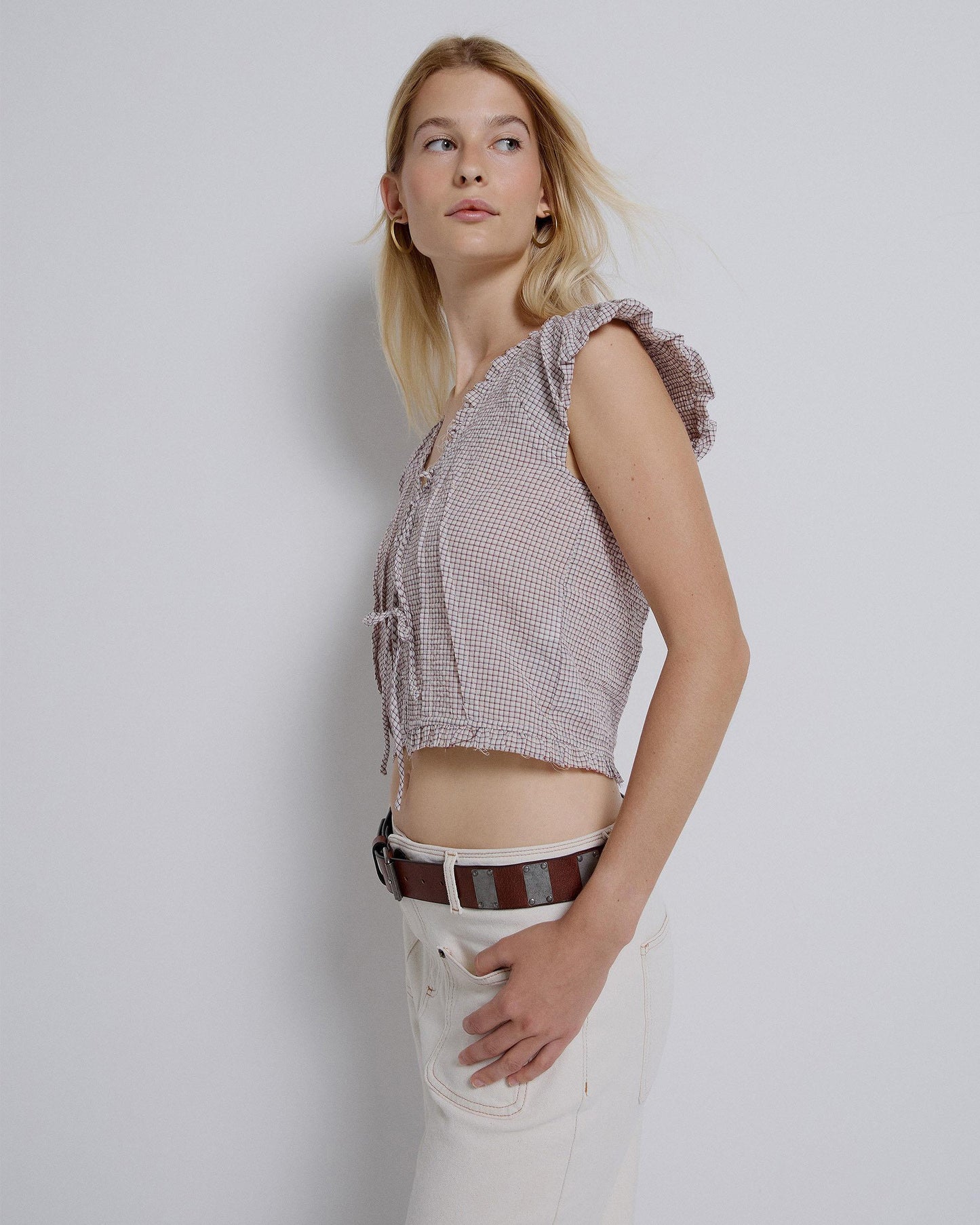 Pink Plaid Blouse with Front Bows