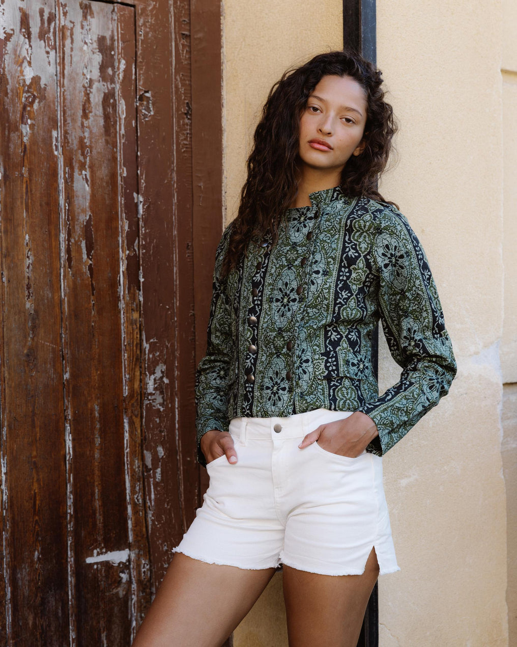 Chaqueta Botones Tapeta Estampado Verde