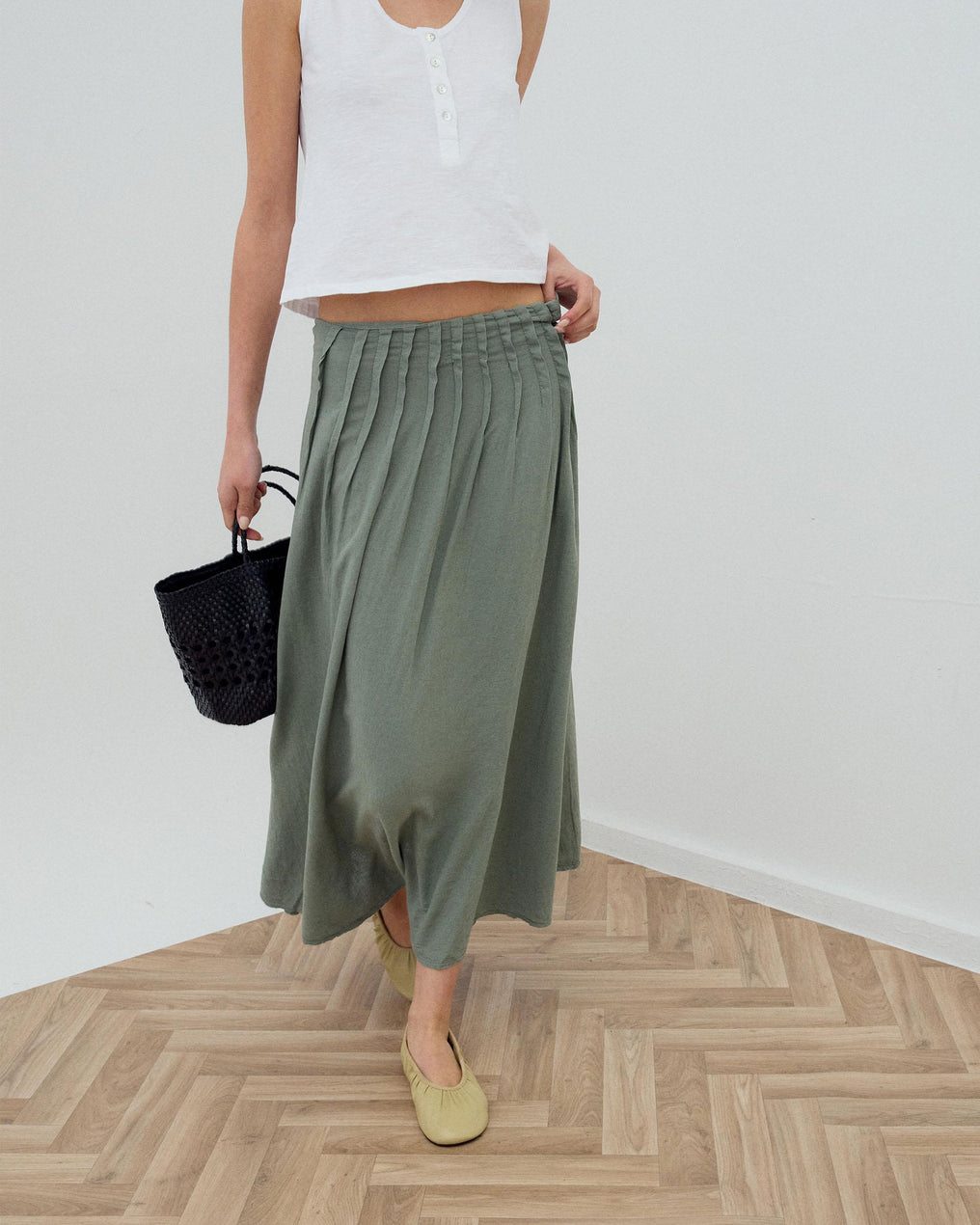 Falda Larga Lino Jaretas Verde
