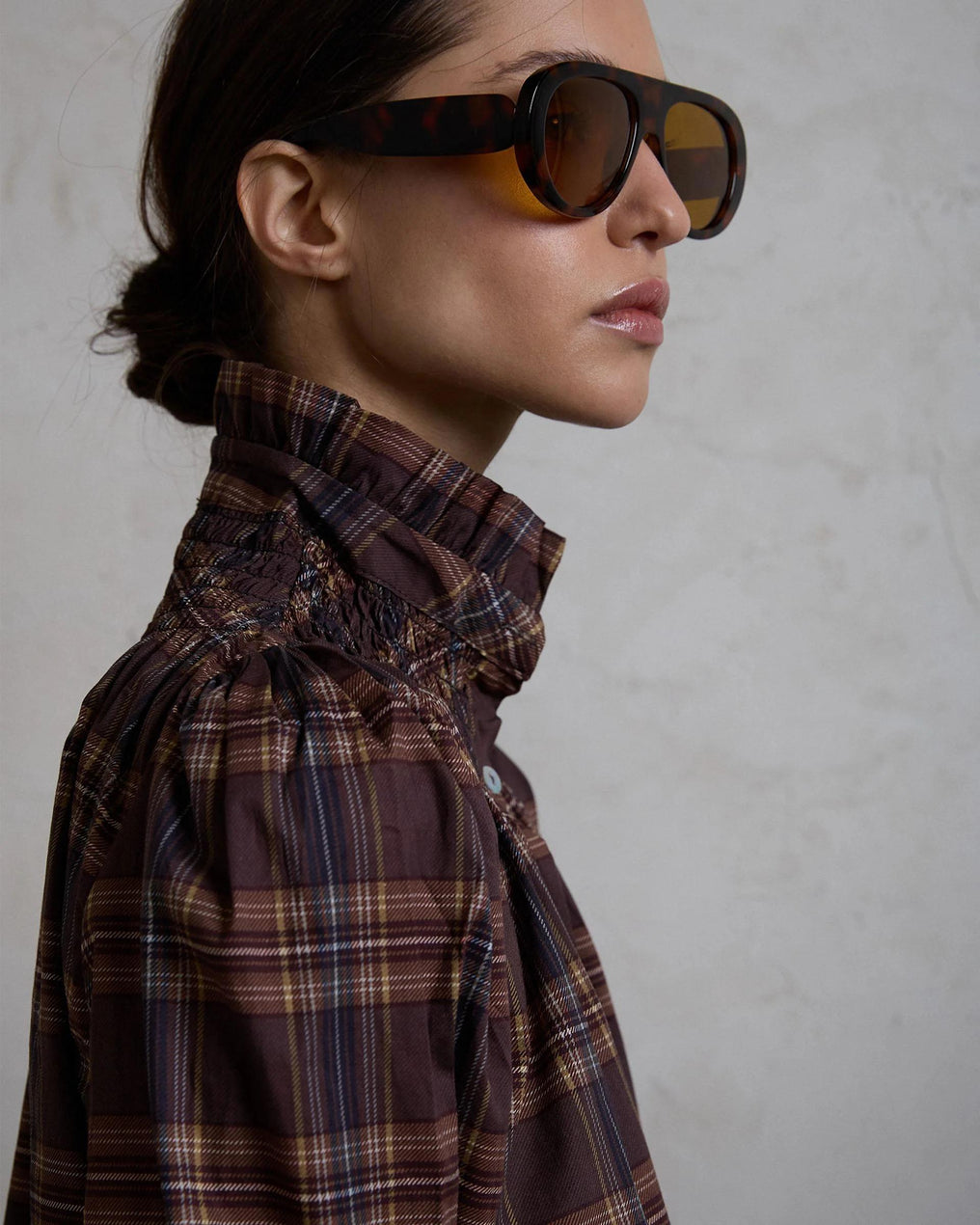 Brown Checkered Collar Honeycomb Blouse