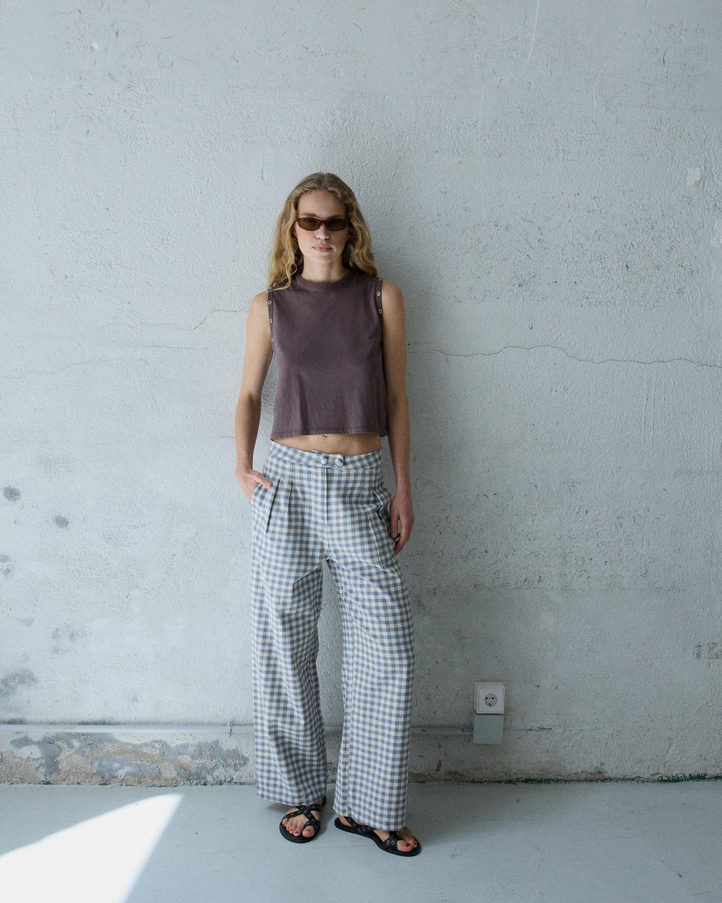 Pantalón Wide Leg Pinzas Cuadros Vichy Azul