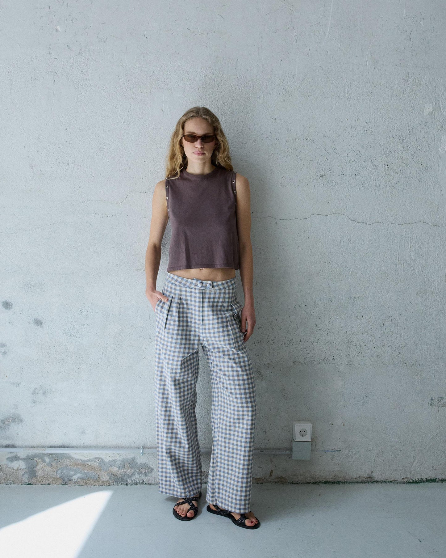 Pantalón Wide Leg Pinzas Cuadros Vichy Azul