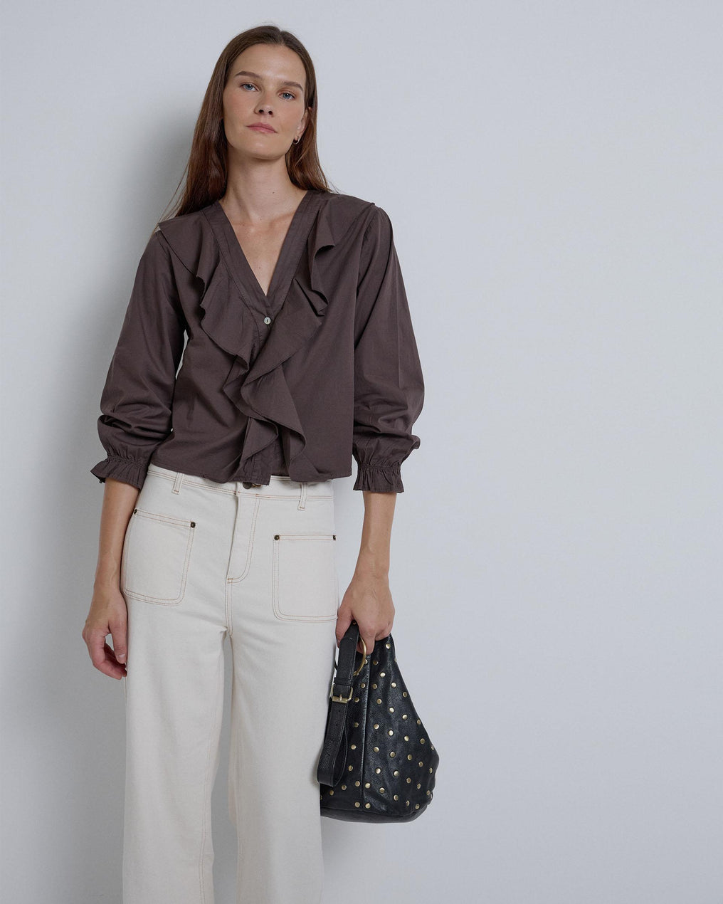 Brown V-Neck Ruffle Blouse