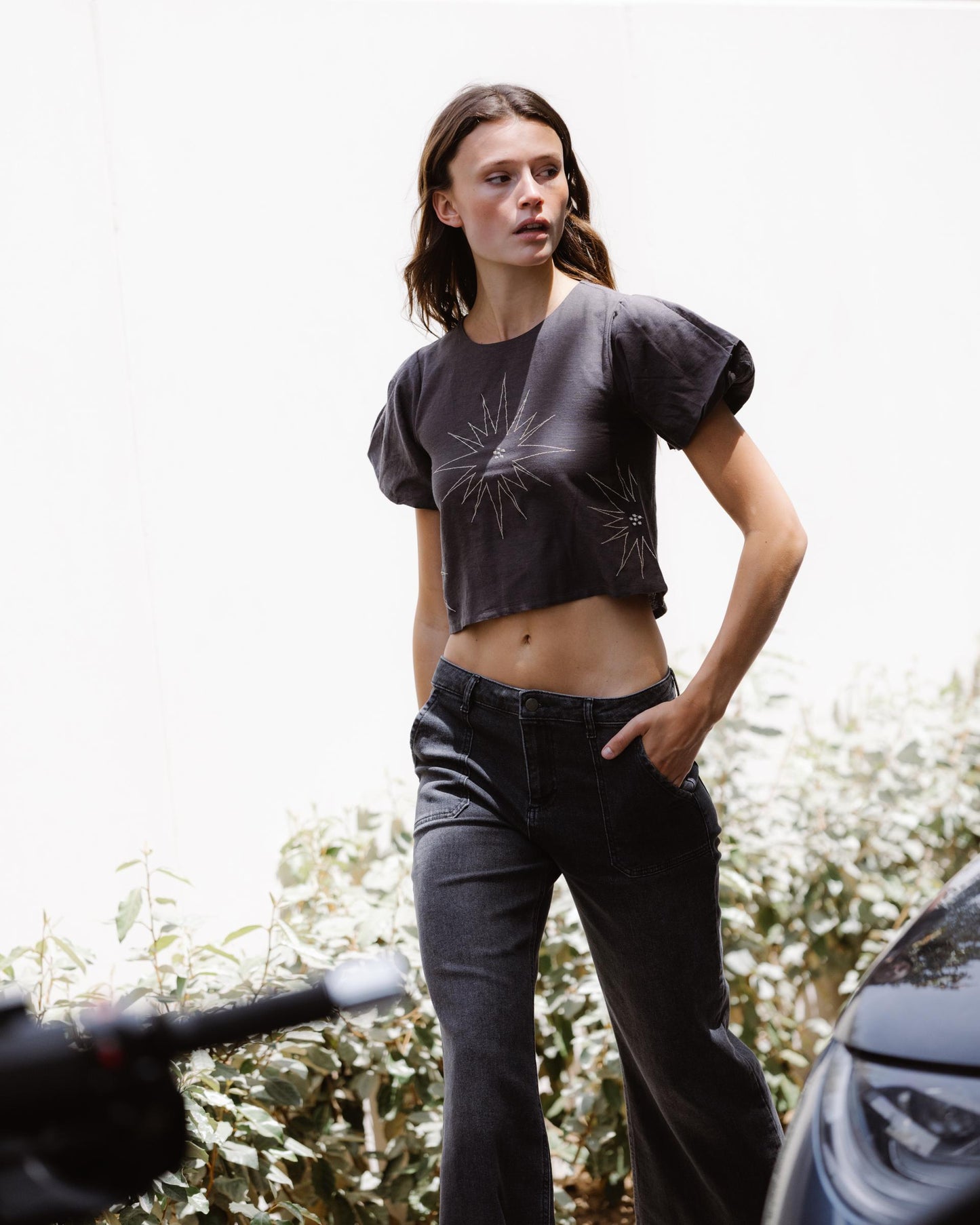 Top Manches Courtes Broderies Étoiles Anthracite