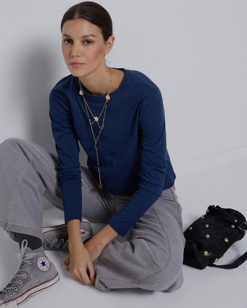 T-shirt básica azul marinho manga comprida